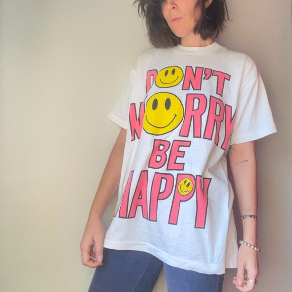 'DONT WORRY BE HAPPY' VNTG '80s/'90s SCREEN STARS BEST BLK LABEL - Picture 2 of 2